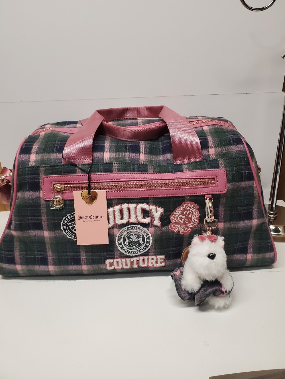 Juicy Couture Varsity Pink and Green Plaid Weekender Travel Duffel with Charm